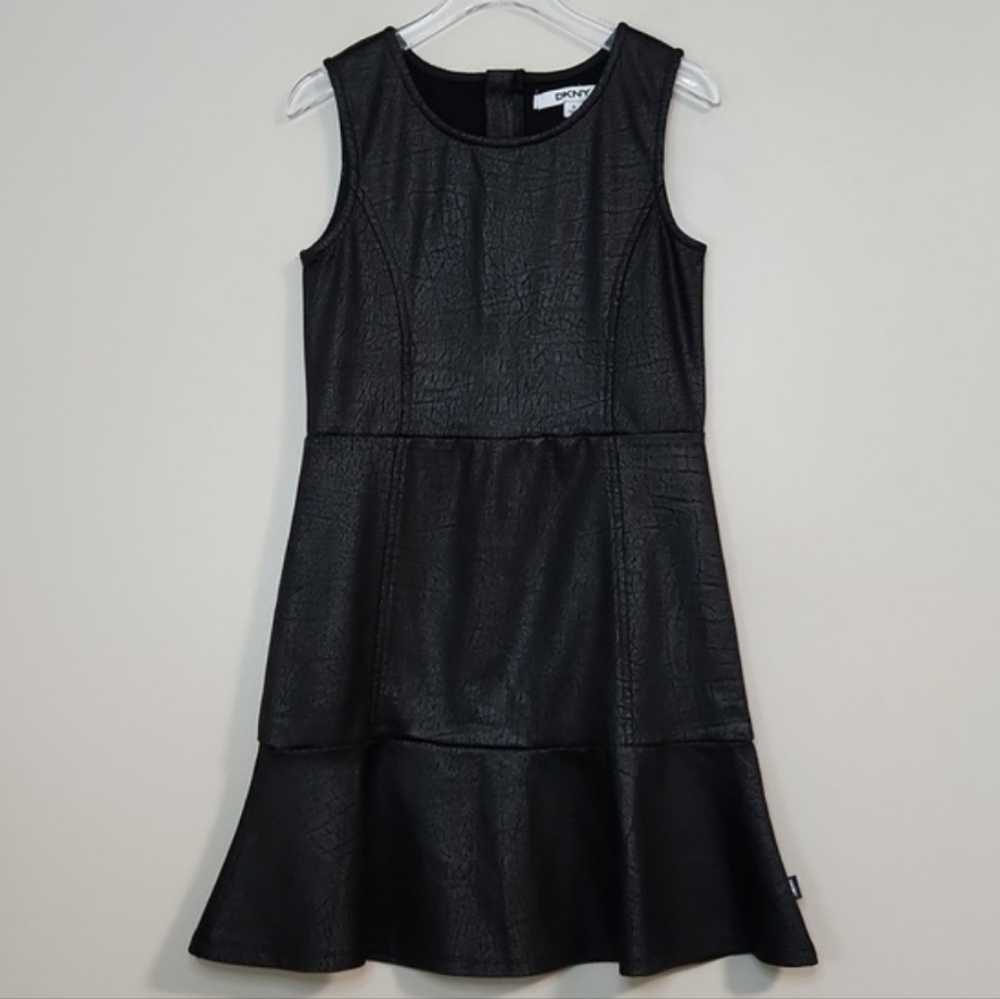 DKNY Girls Black Faux Leather Tiered Dress, Size S ~ EUC